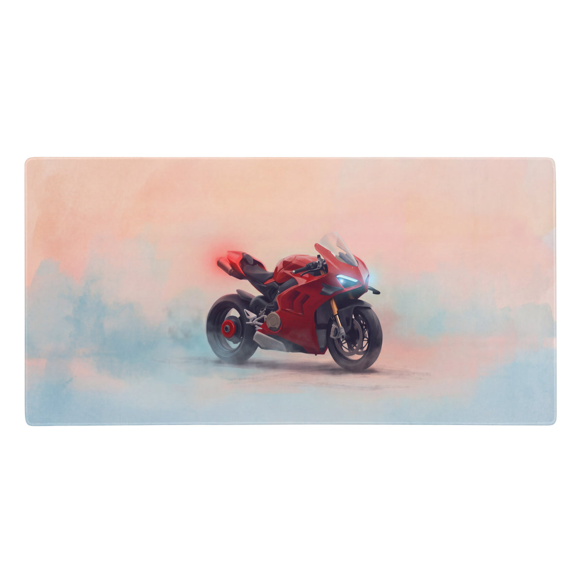 Red ducati panigale v4s inspired oversized gaming desk pad with stitched edges featuring motorcycle illustration