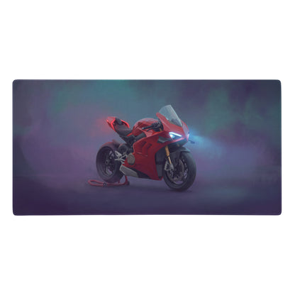 Red ducati panigale v4s inspired large gaming mousepad with aerodynamic motorcycle design and glowing headlights