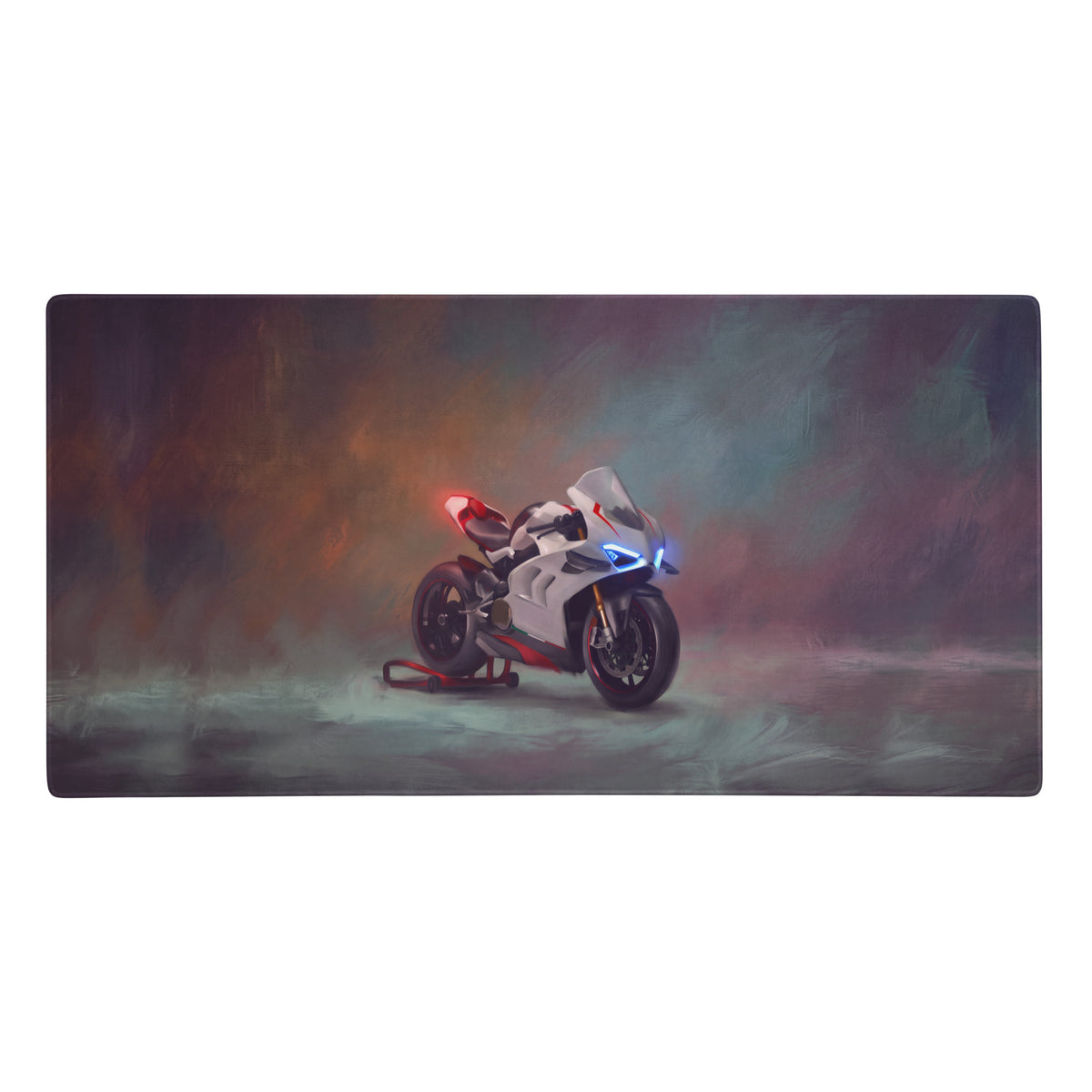 Ducati Panigale V4 SP inspired large mousepad featuring a white and red sport motorcycle with blue glowing headlights