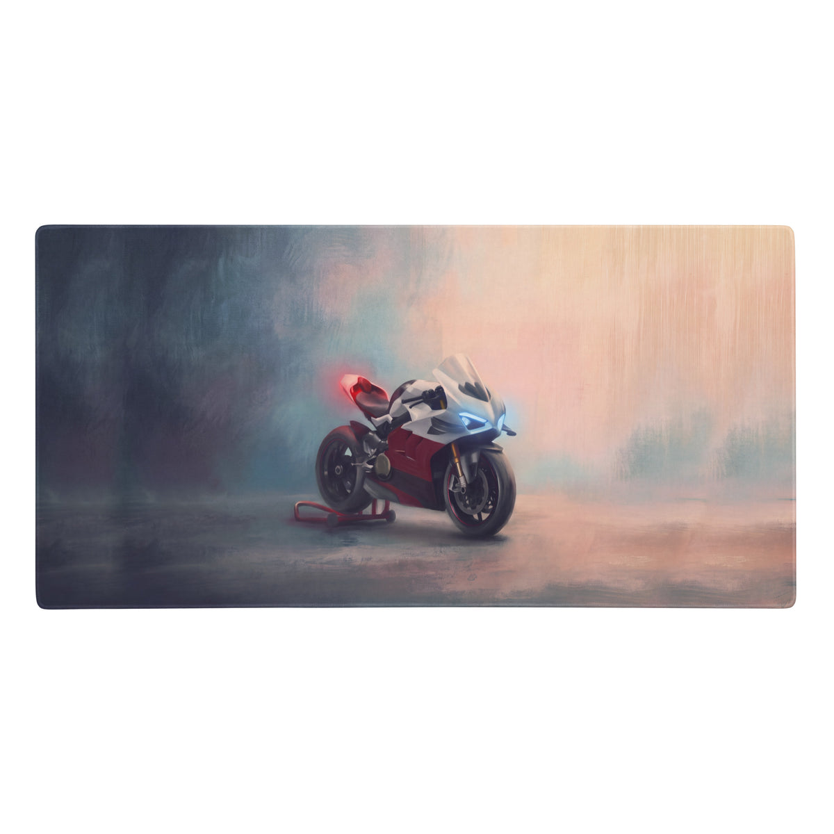 Red and white ducati panigale v4s inspired extra large gaming desk mat featuring motorcycle graphic on soft fabric surface