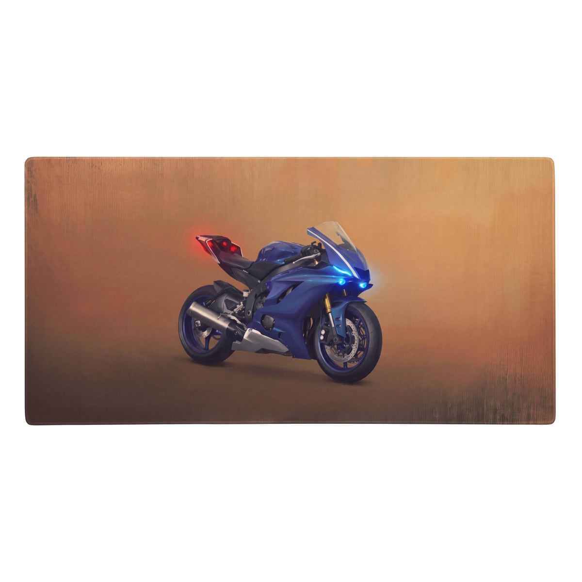 Blue Yamaha motorcycle graphic on a large rectangular extended mouse pad for PC desk setup