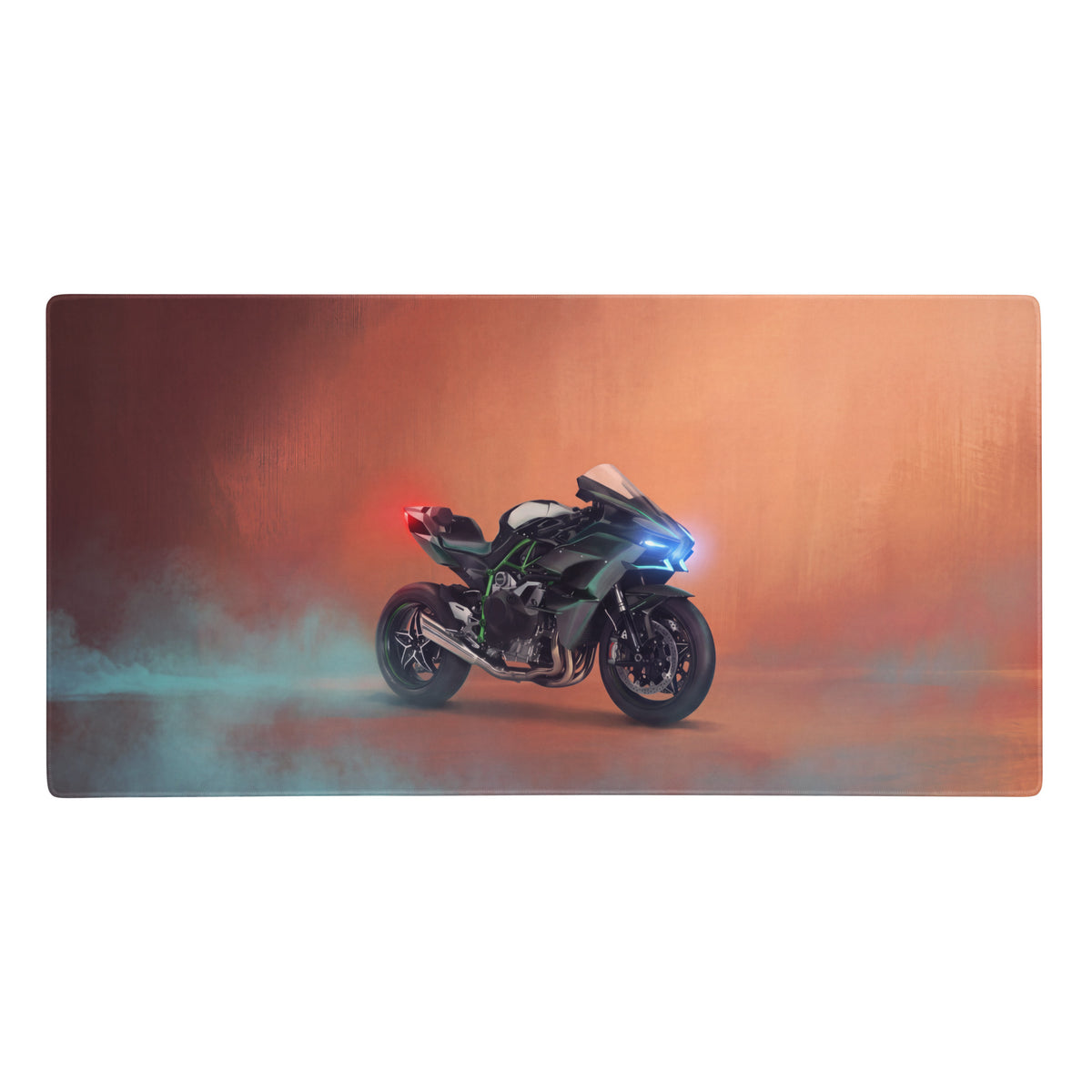 Kawasaki Ninja H2 inspired extra large desk pad featuring black and green Ninja H2R motorcycle graphic for gamers