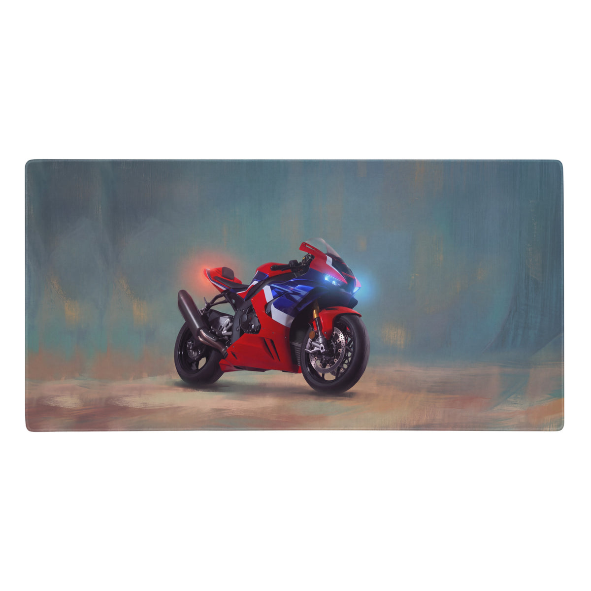 Red and blue racing motorcycle with glowing headlights on a honda fireblade inspired oversized gaming desk pad with stitched edges