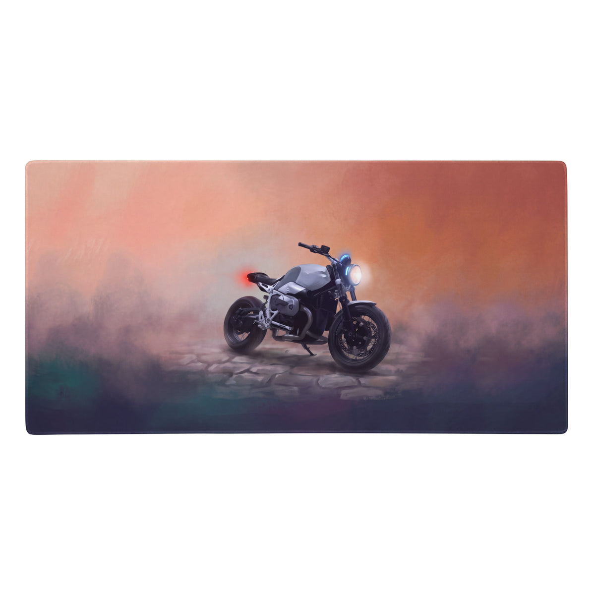 Bmw r nineT inspired oversized gaming desk pad with stitched edges featuring silver and black motorcycle illustration