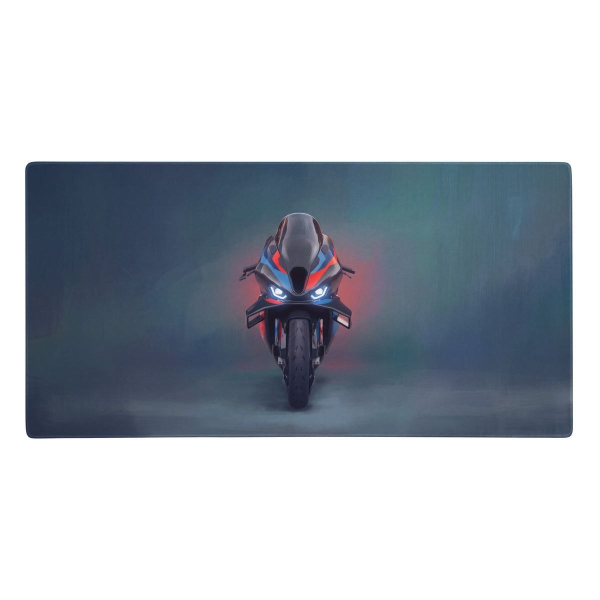Bmw m1000rr inspired extra large desk pad with sleek futuristic motorcycle design featuring glowing blue headlights and racing colors