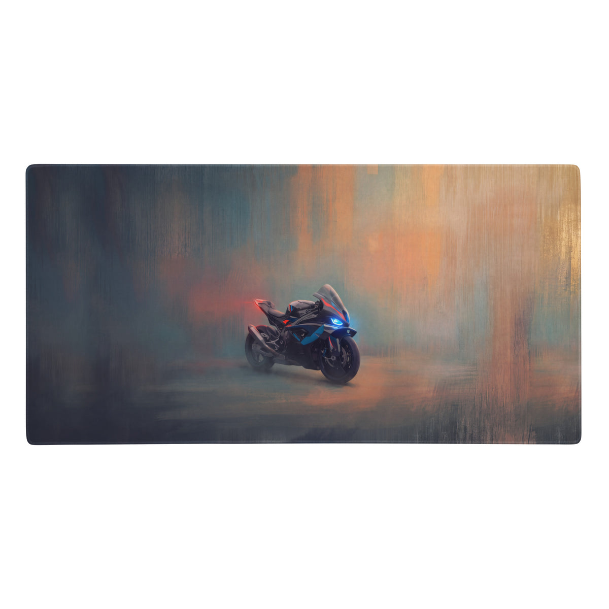 A sleek black and blue sport motorcycle art printed on a bmw m1000rr inspired oversized gaming mousepad with stitched edges