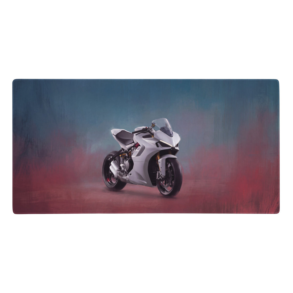 White ducati motorcycle graphic printed on a large rectangular gaming mouse pad desk mat for extended use