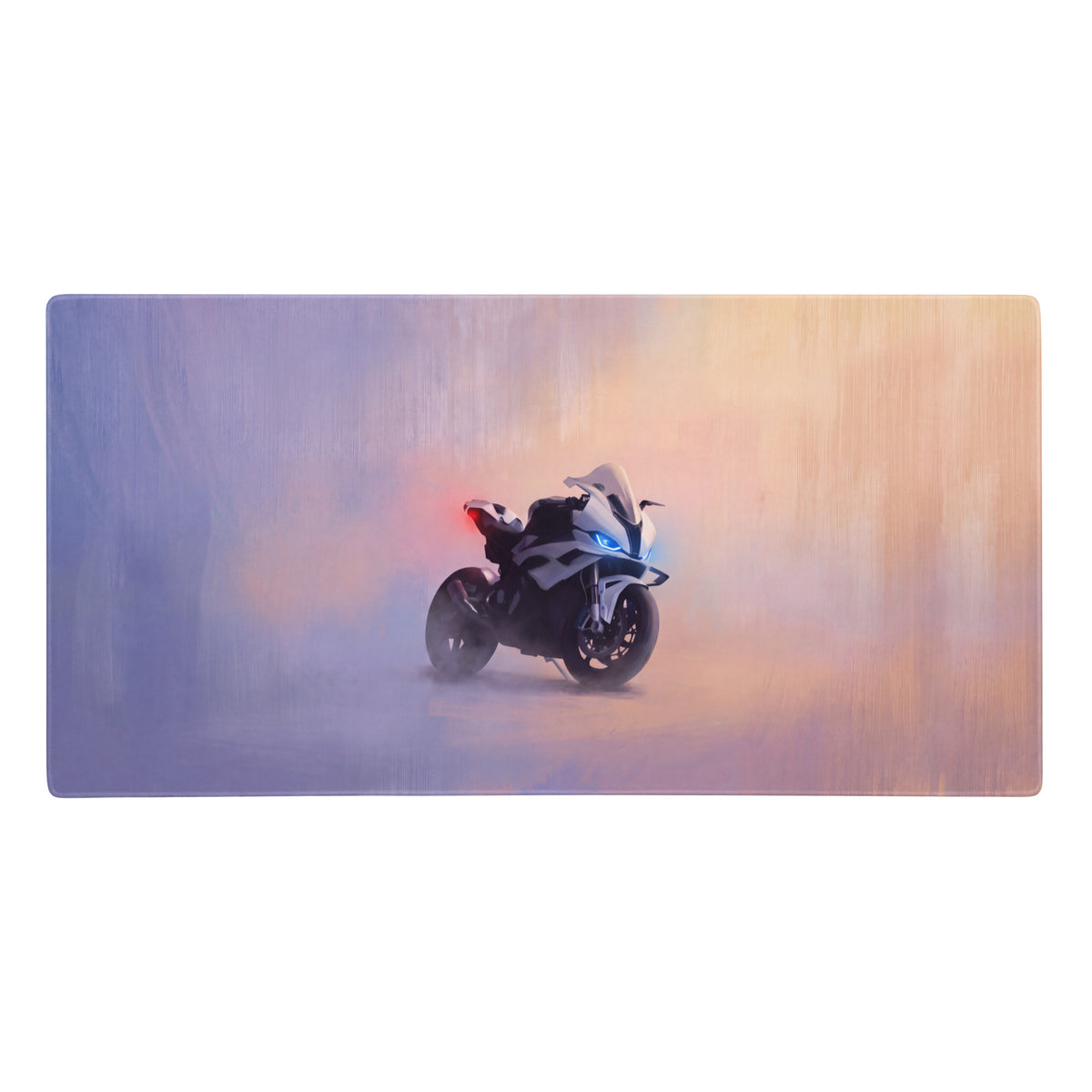 Bmw s1000rr inspired large mousepad featuring a sleek white and black sport motorcycle with blue headlights and red taillights