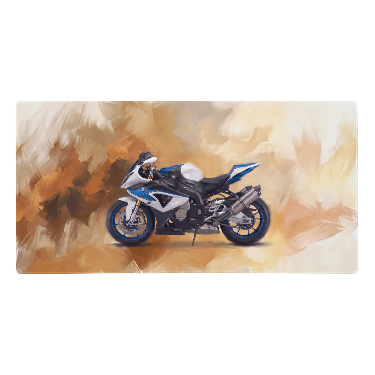 Blue and white BMW S1000RR inspired oversized gaming desk pad with stitched edges and motorcycle illustration