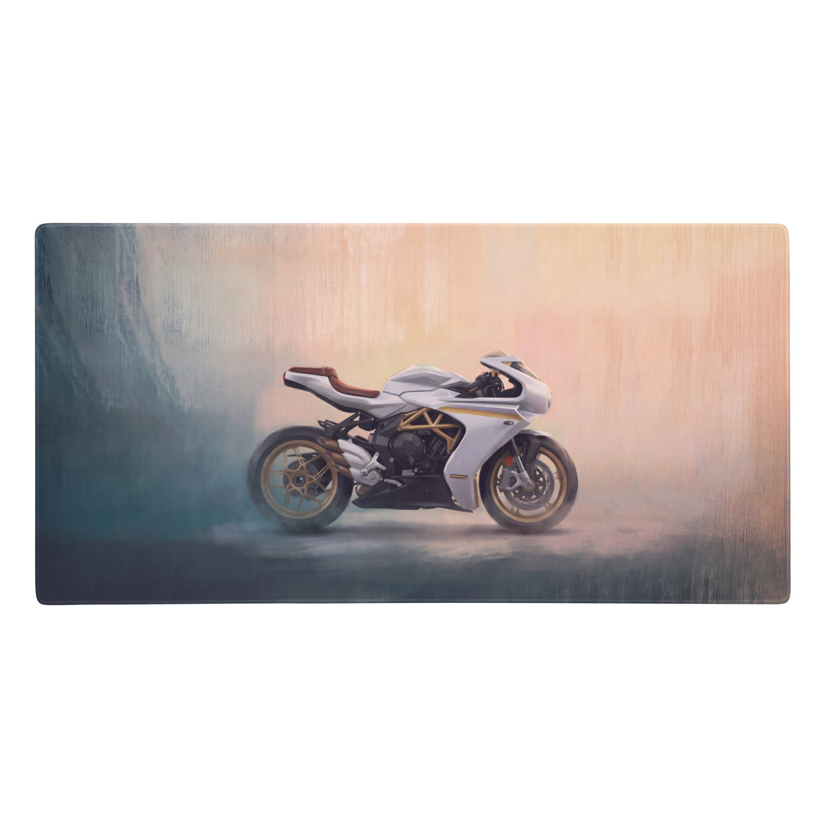 Mv agusta superveloce inspired extra large desk mat with a white and gold racing motorcycle design for gamers