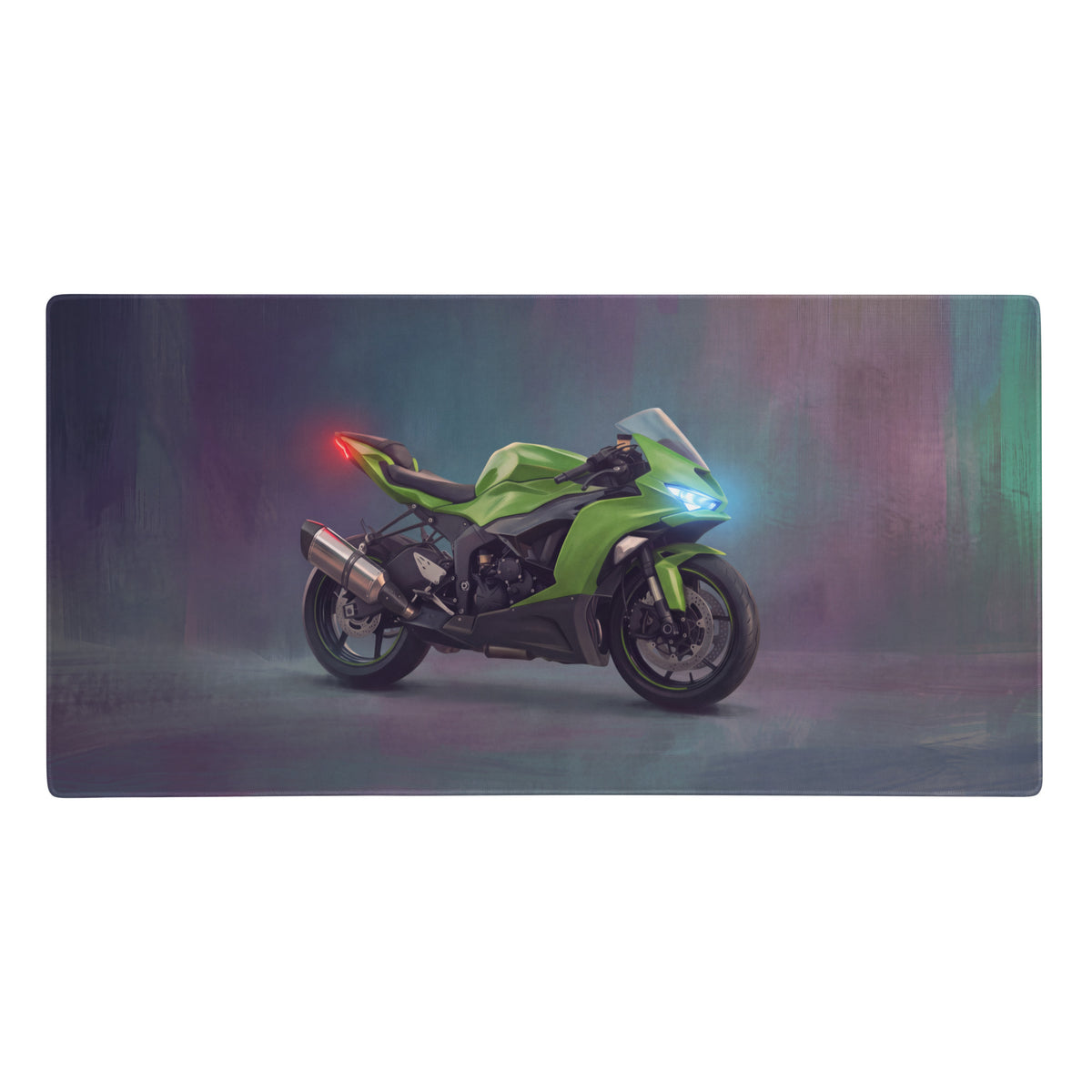 Premium gaming mousepad featuring a vibrant lime green kawasaki ninja h2r with glowing blue headlights and red taillight