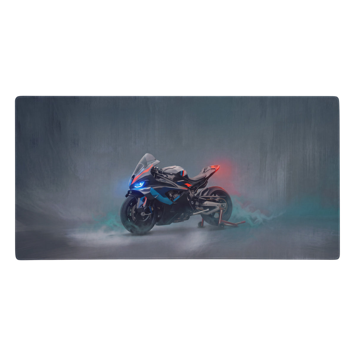 Bmw m1000rr inspired oversized gaming mousepad with stitched edges featuring sleek black and blue sport motorcycle artwork