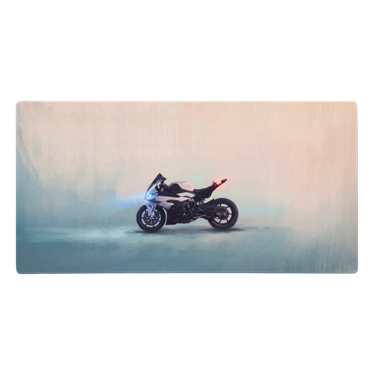 Bmw s1000rr inspired large extended mouse pad featuring a sleek white and black sport motorcycle with glowing blue headlights