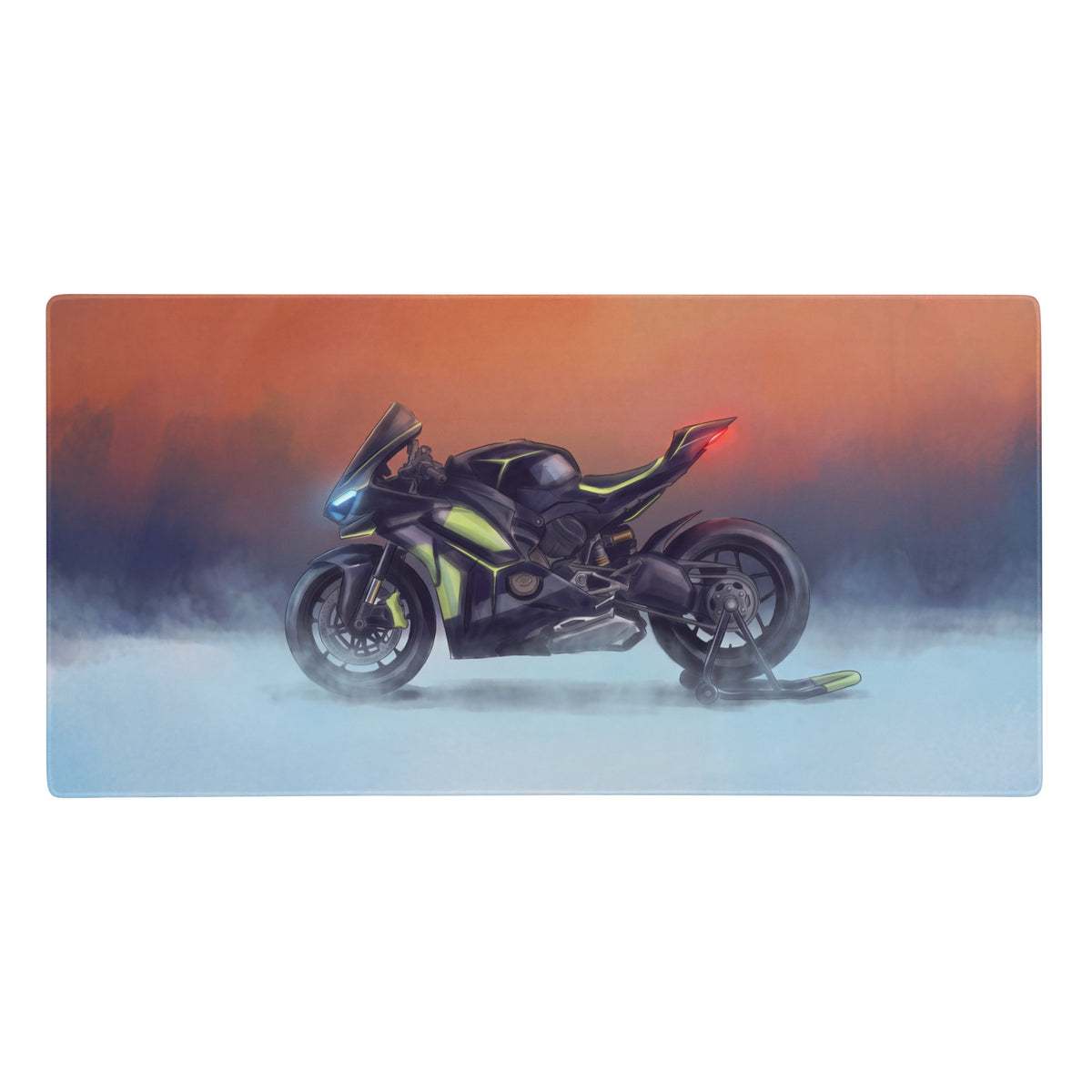 Ducati Panigale V4 Lamborghini inspired large gaming desk pad featuring black and neon green sport motorcycle design