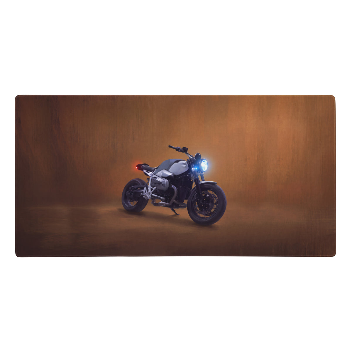 Silver and black BMW motorcycle graphic printed on a rectangular mat in BMW R nineT inspired large desk pad design