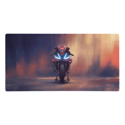 Aprilia rsv4 inspired large desk pad featuring a sleek red and black motorcycle with glowing blue headlights for gaming setups