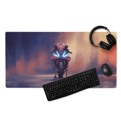 Aprilia rsv4 inspired large desk pad featuring a vibrant red motorcycle illustration with glowing blue headlights