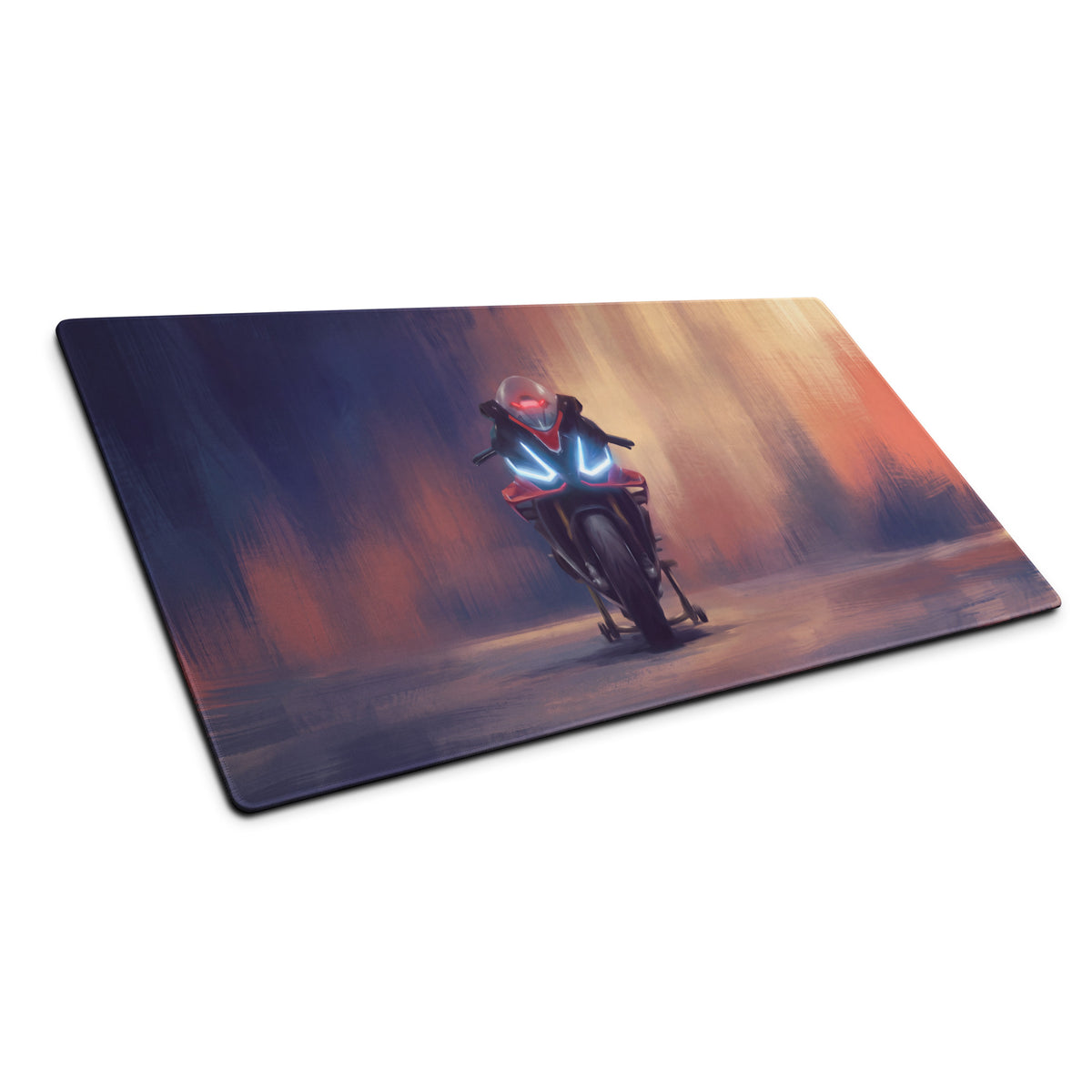 Rectangular gaming mousepad featuring aprilia rsv4 inspired motorcycle rider with blue headlights against sunset backdrop