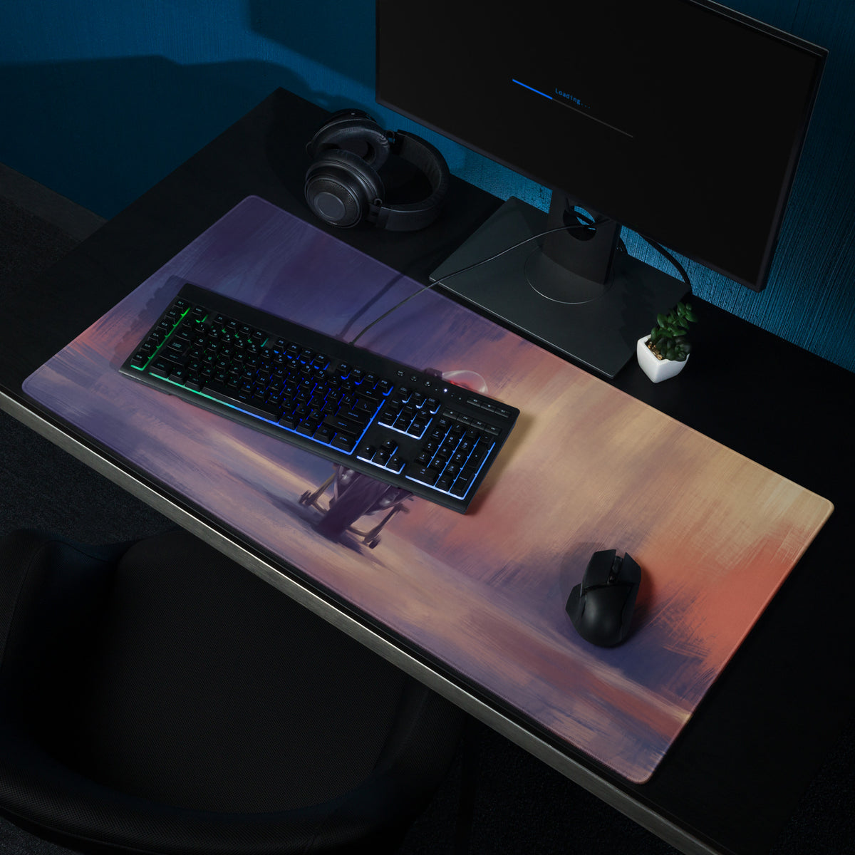 Aprilia rsv4 inspired large desk pad gaming mousepad with vibrant purple pink orange gradient and stilt figure silhouette