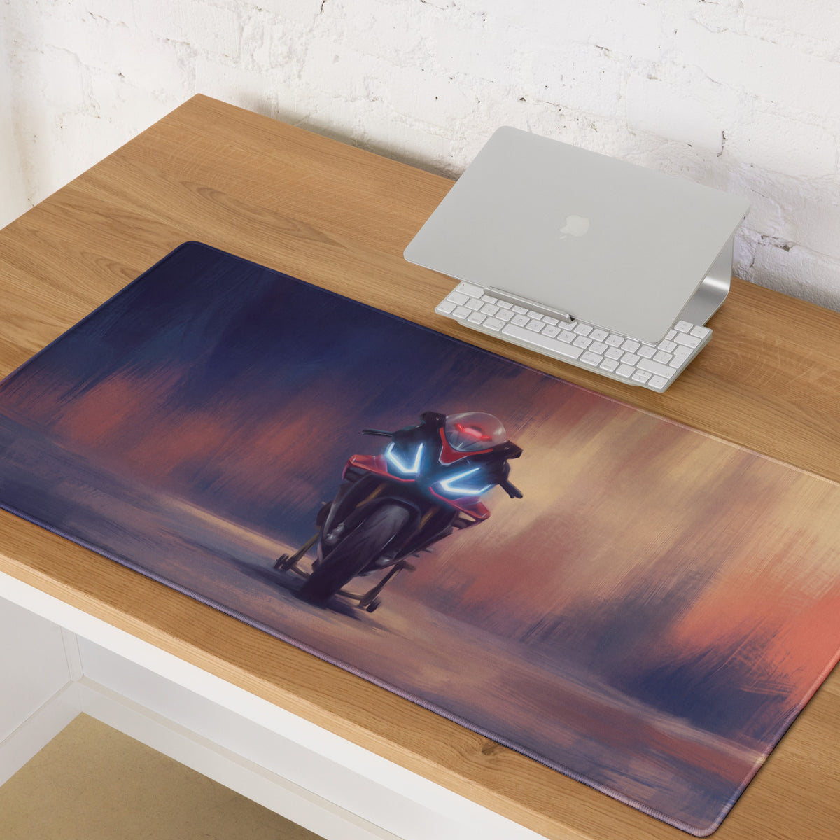 Aprilia rsv4 inspired large desk pad with dark blue and orange gradient featuring red motorcycle illustration for gaming setup