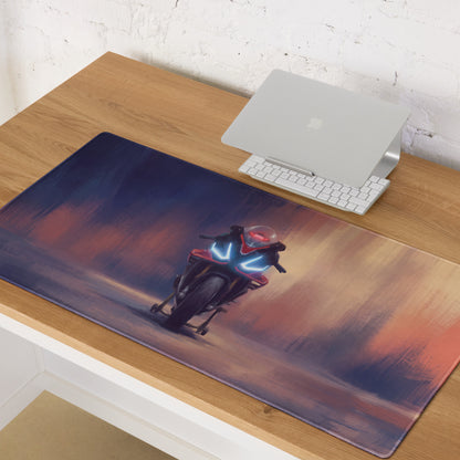 Aprilia rsv4 inspired large desk pad with dark blue and orange gradient featuring red motorcycle illustration for gaming setup