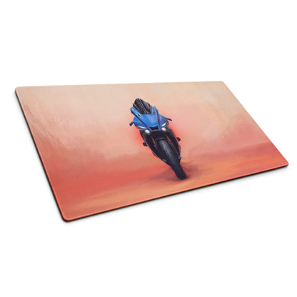 Yamaha R1 inspired extra large mouse pad with blue sport motorcycle graphic on orange gradient rectangular mat