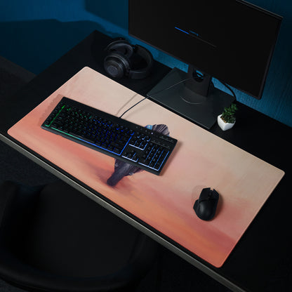 Yamaha R1 inspired extra large rectangular gaming mouse pad with gradient orange pink sunset and dark elephant silhouette