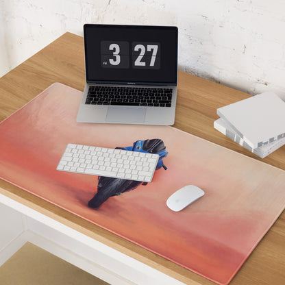 Yamaha r1 inspired extra large rectangular mousepad with gradient orange background and blue motorcycle print for pc setup