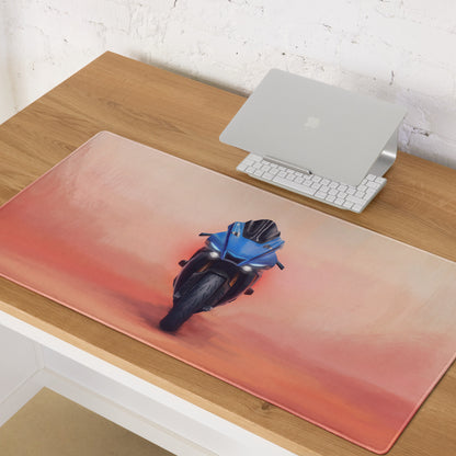 Yamaha R1 inspired extra large mouse pad with blue motorcycle graphic on gradient orange rectangular desk mat