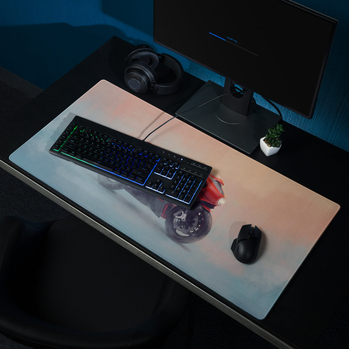 Mv agusta superveloce inspired extended desk mat featuring a red motorcycle graphic on a peach and blue gradient background