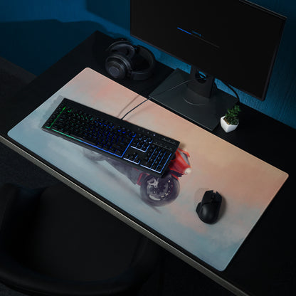 Mv agusta superveloce inspired extended desk mat featuring a red motorcycle graphic on a peach and blue gradient background
