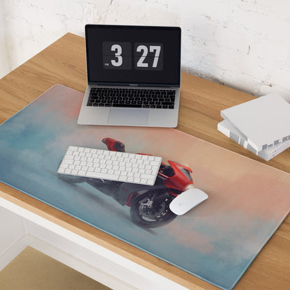Mv agusta superveloce inspired extended desk mat with red and black motorcycle graphic on translucent blue gradient mousepad