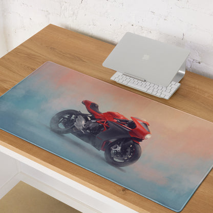 Mv agusta superveloce inspired extended desk mat with red and black motorcycle graphic on clear transparent mousepad