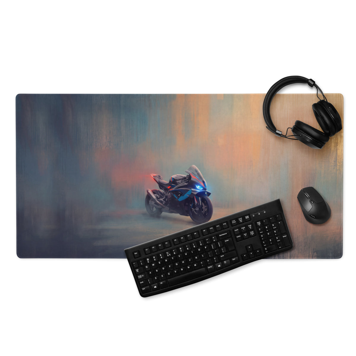 A sleek black keyboard on a bmw m1000rr inspired oversized gaming mousepad with stitched edges and motorcycle art
