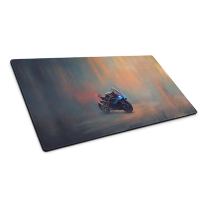 Black glossy BMW M1000RR inspired gaming mousepad with vibrant blue and red lighting accents and stitched edges