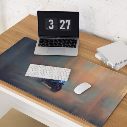 Bmw m1000rr inspired oversized gaming mousepad with stitched edges featuring vibrant blue and orange motorcycle graphic