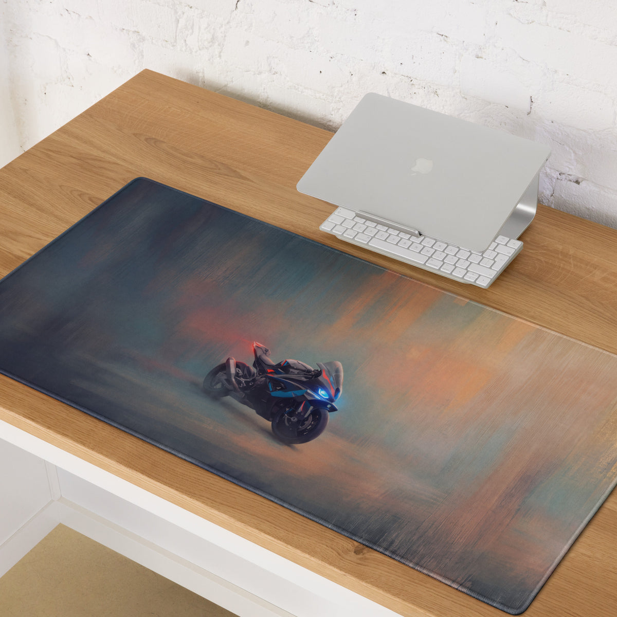 Bmw m1000rr inspired oversized gaming mousepad with stitched edges featuring a black futuristic motorcycle design
