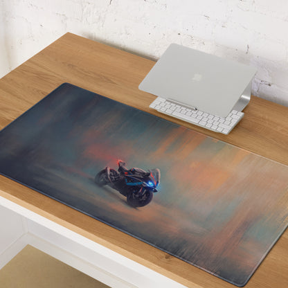 Bmw m1000rr inspired oversized gaming mousepad with stitched edges featuring a black futuristic motorcycle design