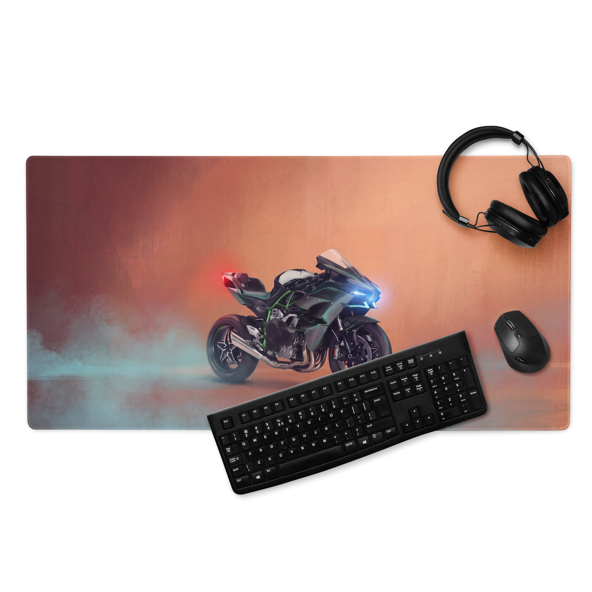 A sleek rectangular extra large desk pad featuring a black and green kawasaki ninja h2r with glowing blue headlights