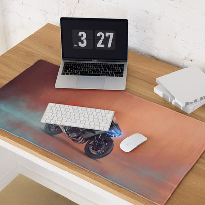 Kawasaki ninja h2 inspired extra large desk pad with a black motorcycle graphic on gradient orange and teal background