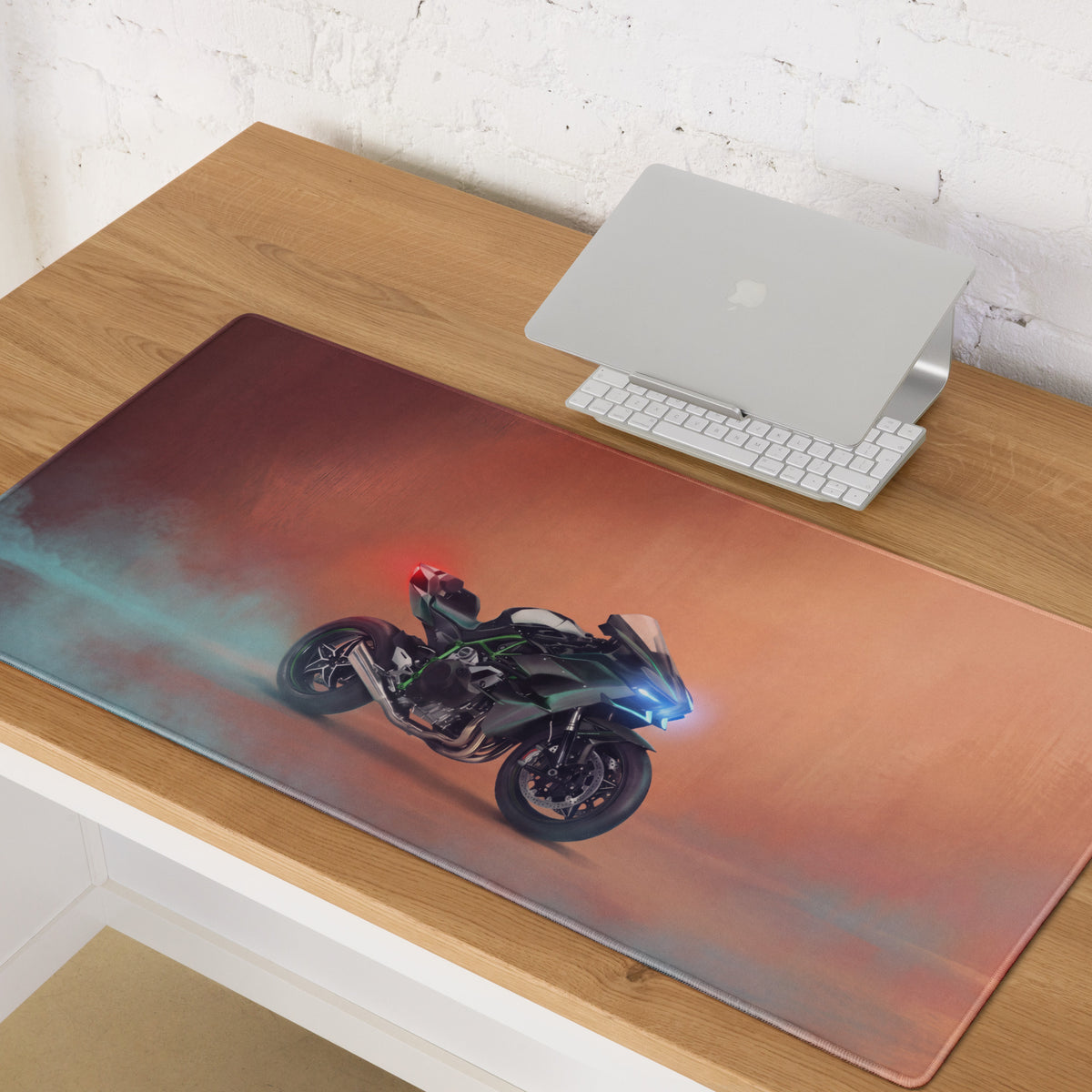 A sleek extra large gaming mousepad featuring a green and black Kawasaki Ninja H2 motorcycle on an orange teal background