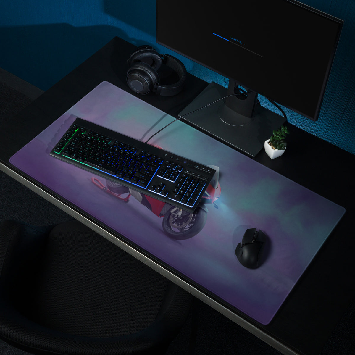 A sleek rectangular ducati panigale v4s inspired gaming mousepad with purple and blue gradient and motorcycle graphic