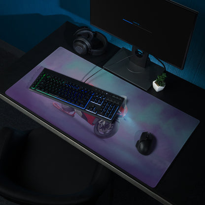 A sleek rectangular ducati panigale v4s inspired gaming mousepad with purple and blue gradient and motorcycle graphic