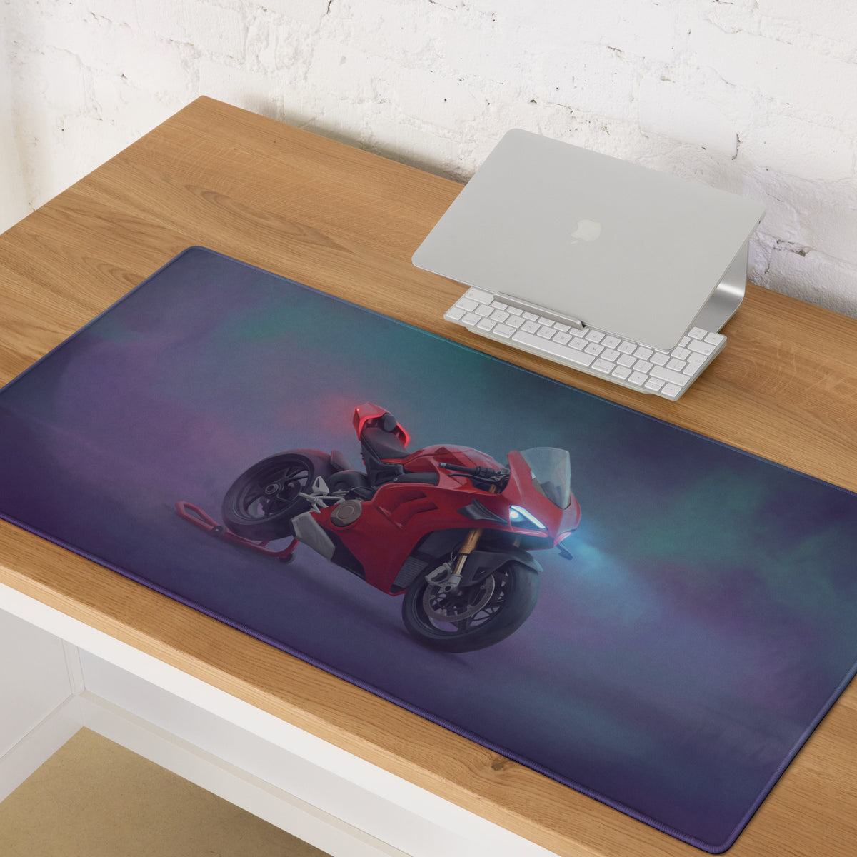 Red Ducati Panigale V4S inspired graphic printed on dark purple extended gaming mousepad for PC setup