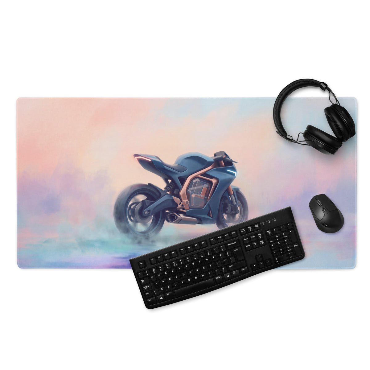Concept motorcycle extended desk pad with a matte finish and vibrant blue and copper futuristic motorcycle design