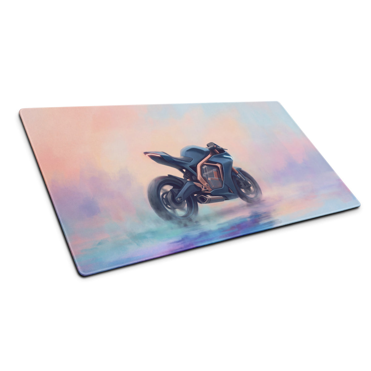 Rectangular mousepad with stylized futuristic motorcycle in metallic blue and copper on a soft watercolor gradient background