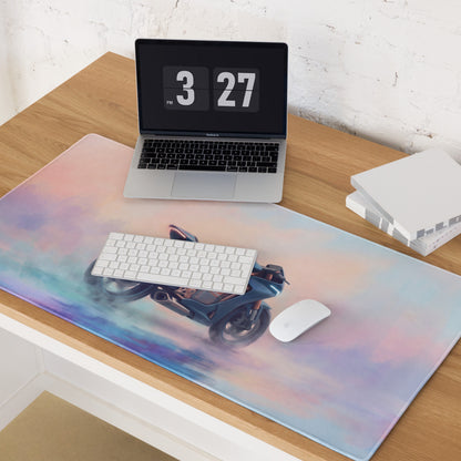 A sleek rectangular desk pad with a pastel pink and blue gradient featuring a detailed dark blue motorcycle design