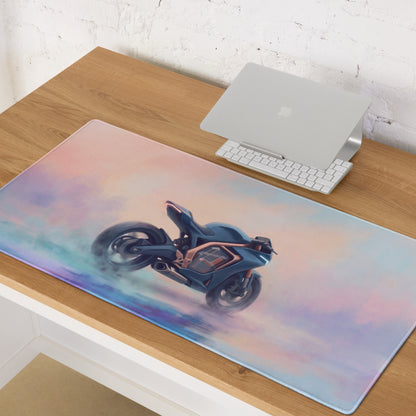 A sleek rectangular gaming mousepad with a vibrant futuristic blue and copper motorcycle illustration on pastel sky