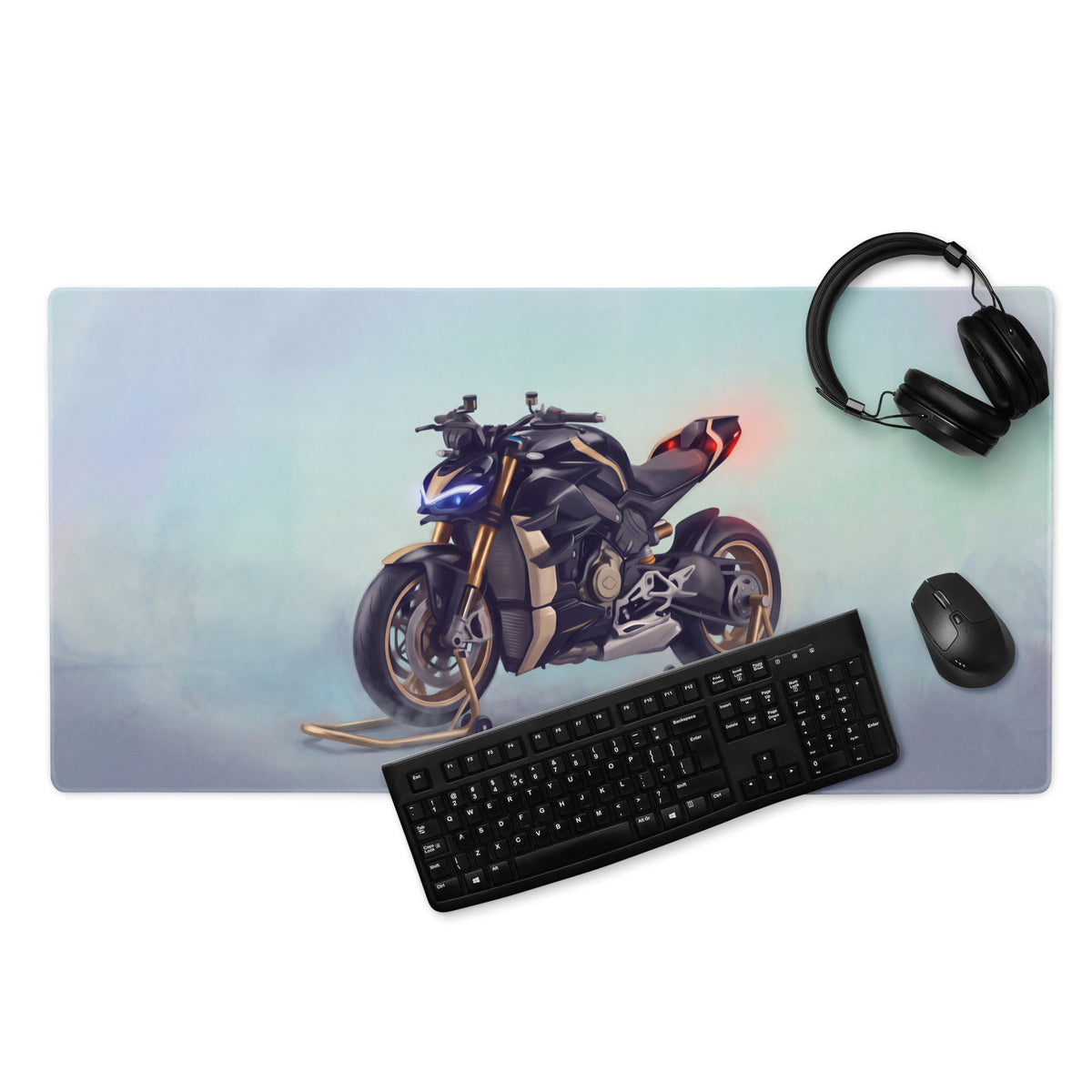 Black and gold motorcycle-themed gaming mousepad with sportbike illustration smooth tracking surface for office setup