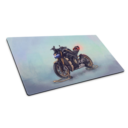 Black and gold motorcycle illustration on rectangular glass cutting board featuring ducati streetfighter v4 design